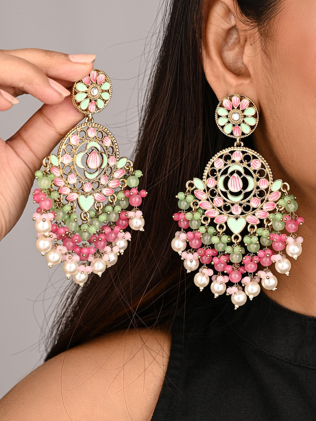 Vibrant Pink & Blue Chandelier Pearl Drop Earring