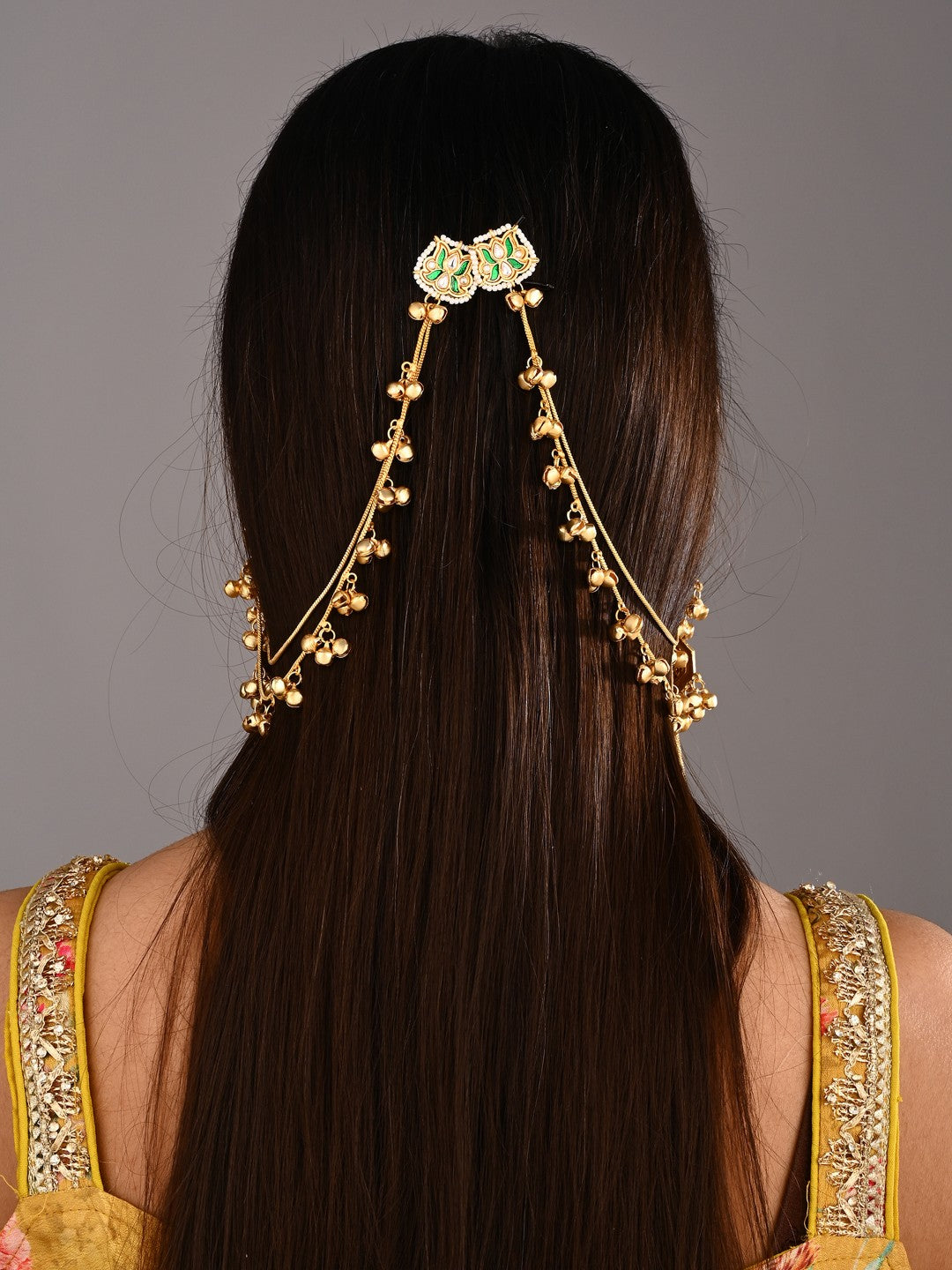 Gold-Tone Kundan & Green Stone Kashmiri Long Chain Earrings