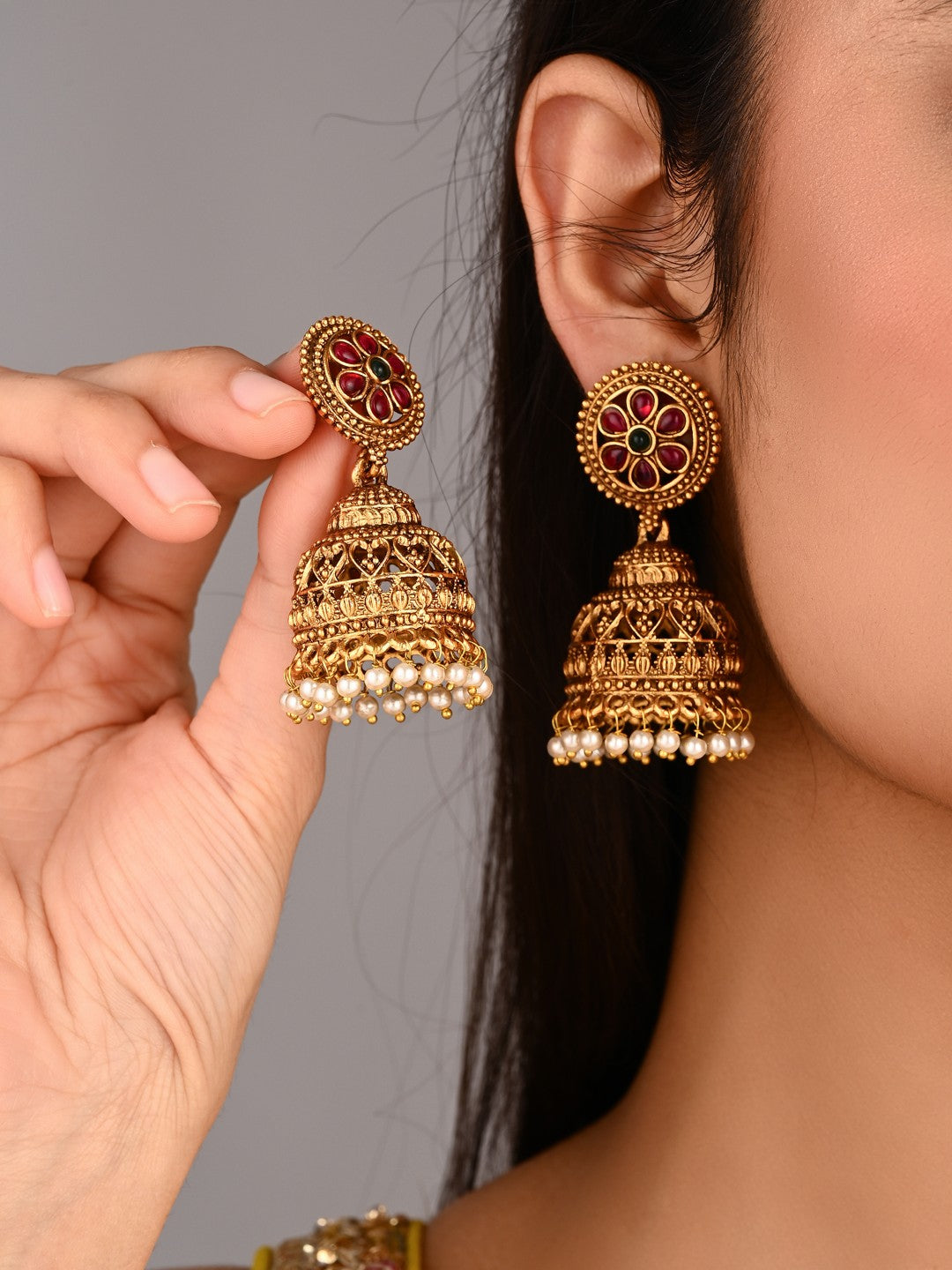 Floral Ruby Emerald Jhumka Earrings