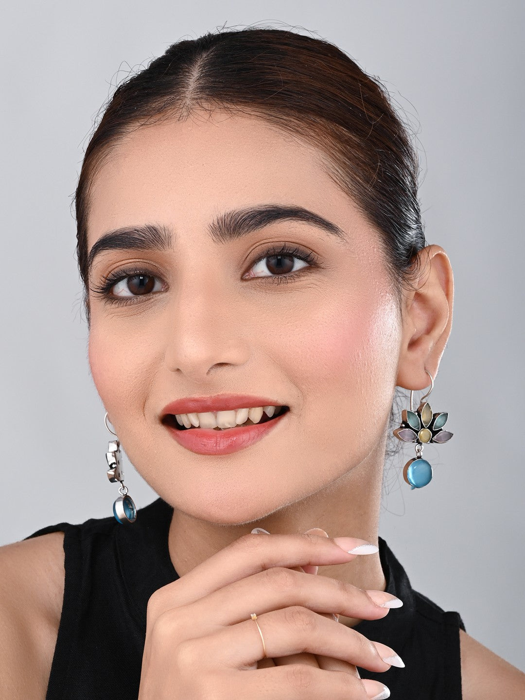 Silver Oxidized Lotus Drop Earrings Multi