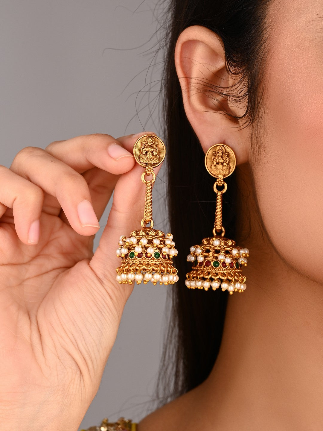 Lakshmi Motif Pearl Jhumka Earrings