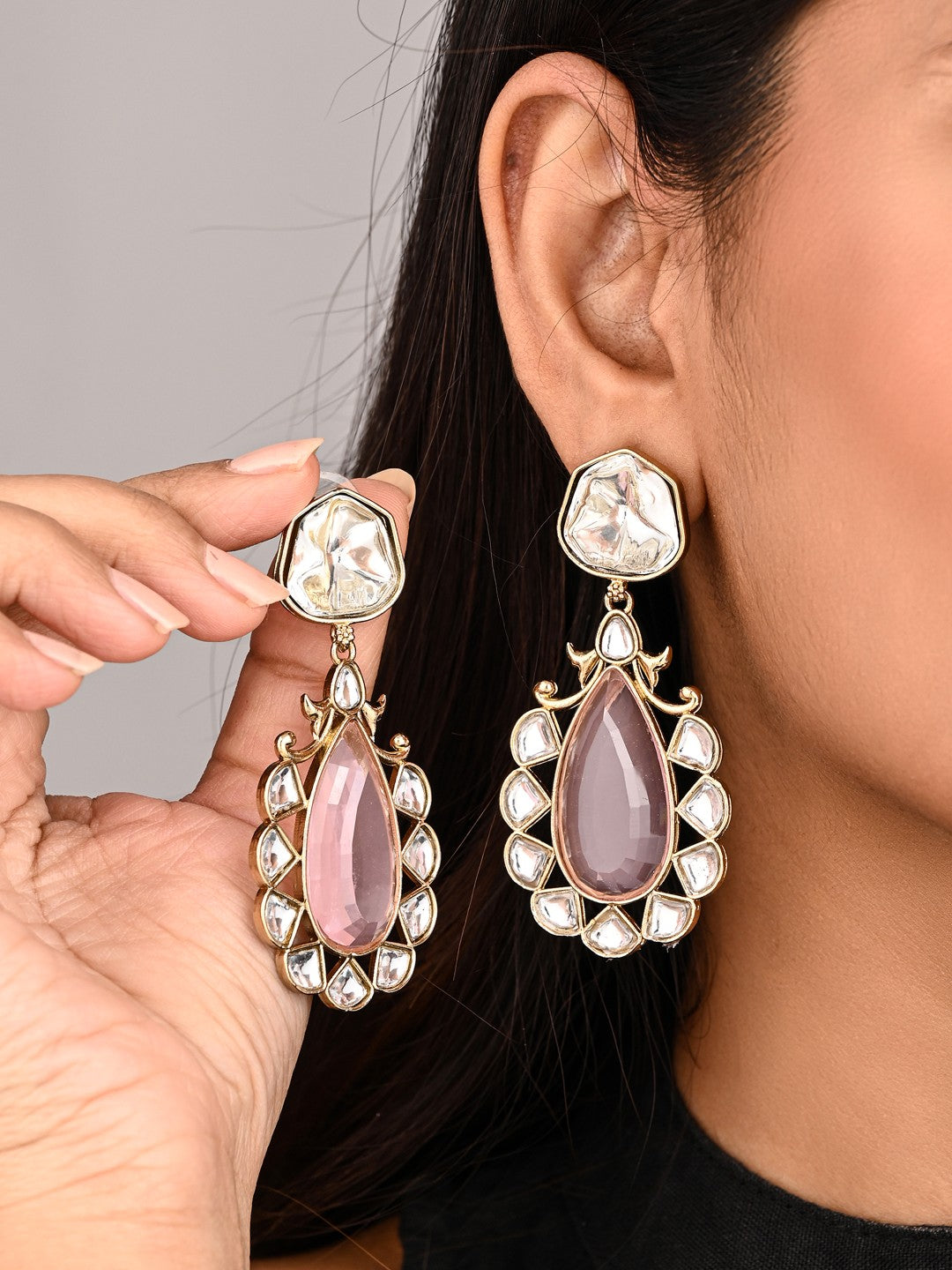 Gold-Plated Pink Kundan Teardrop Earrings for Women