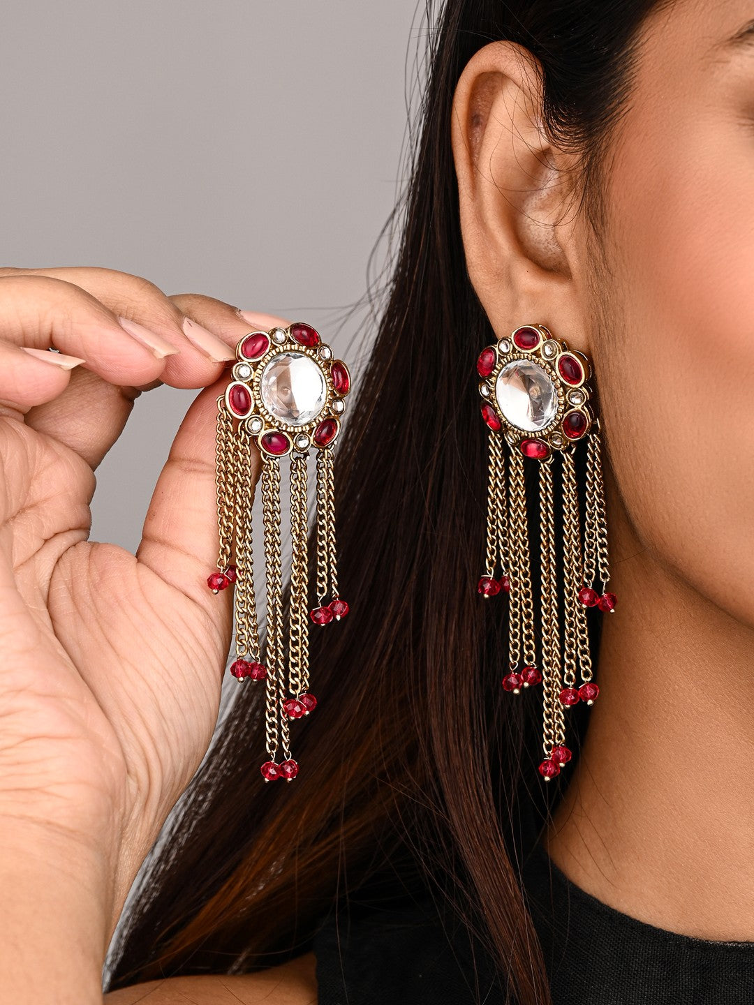 Kundan Tassel Drop Earrings - Pink