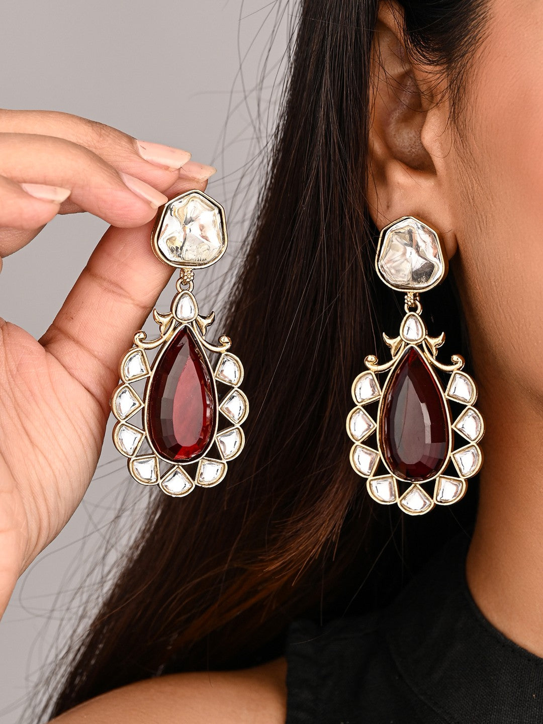 Gold-Plated Red Kundan Teardrop Earrings for Women