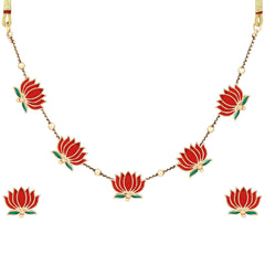 Gold Plated Delicate Lotus Necklace Set - Red
