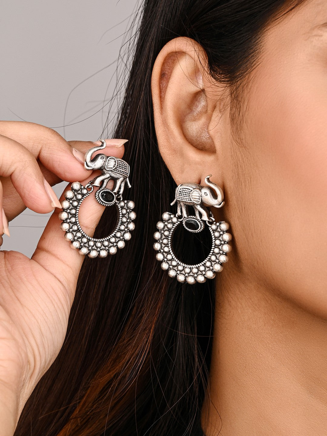 Oxidised Silver Elephant Hoop Earrings