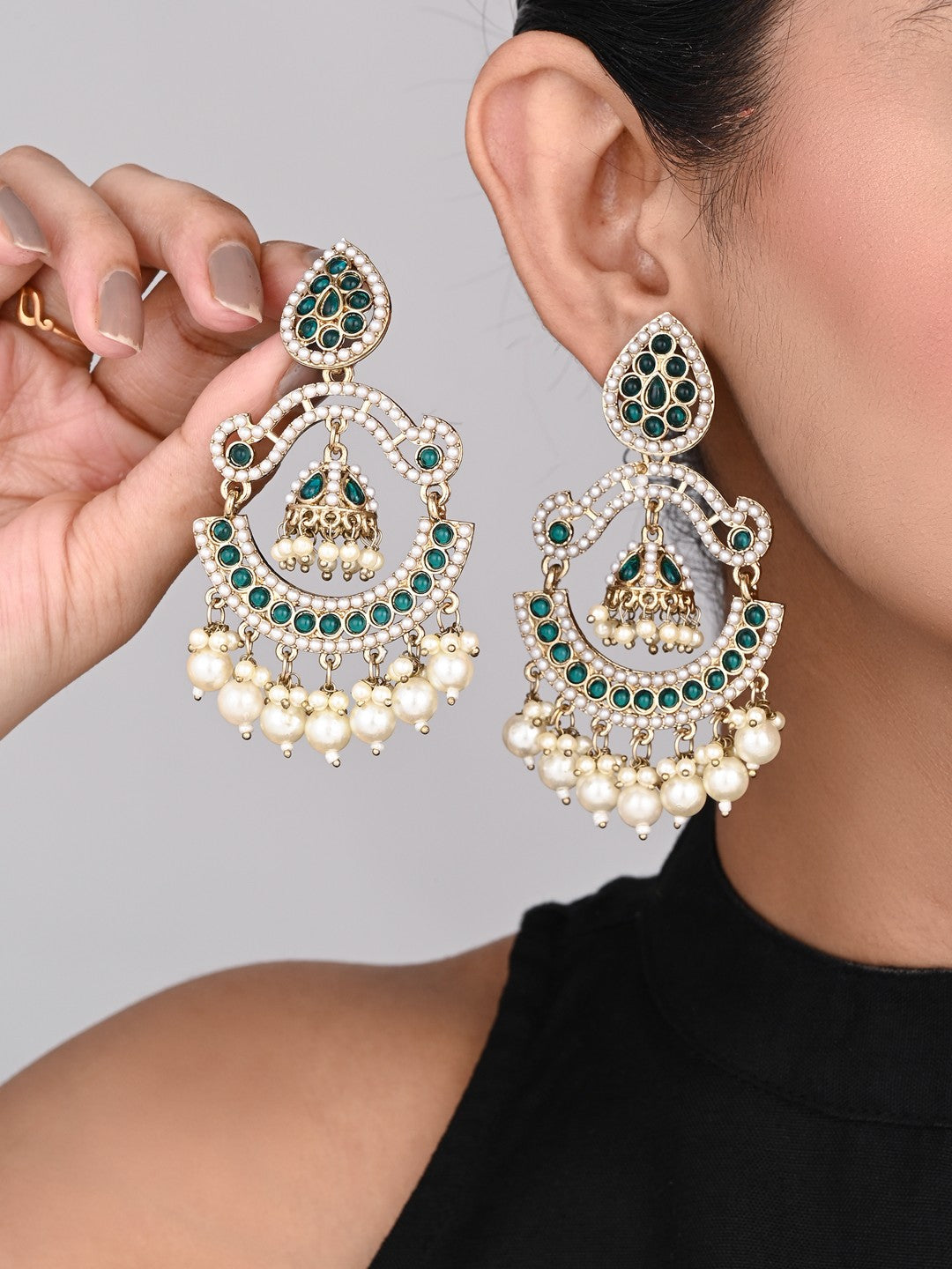 Gold plated Stone & beads chandbali Earring -Green