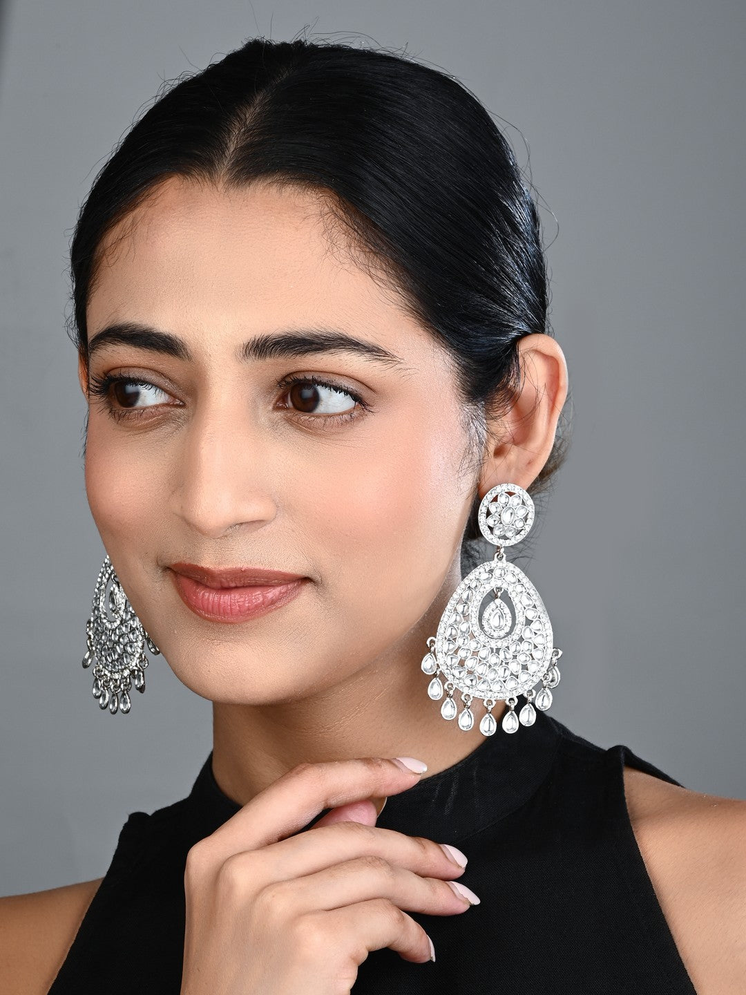 Silver plated kundan chandbali Earring