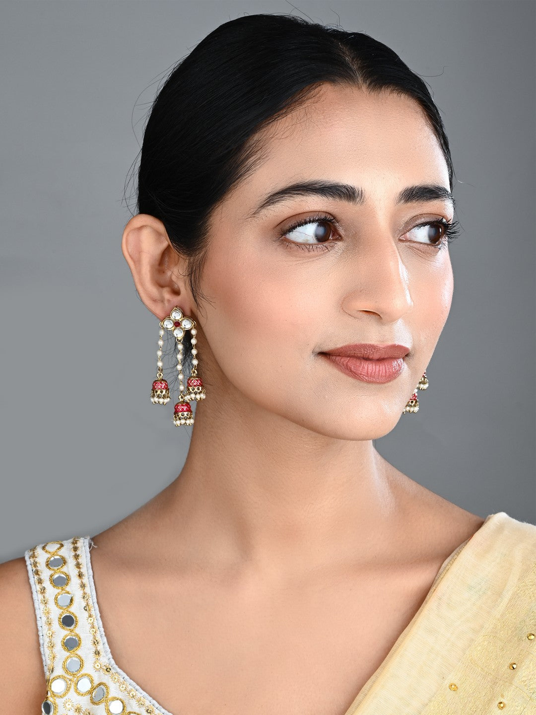 Kundan Pearl Tassel Statement Earrings - Red