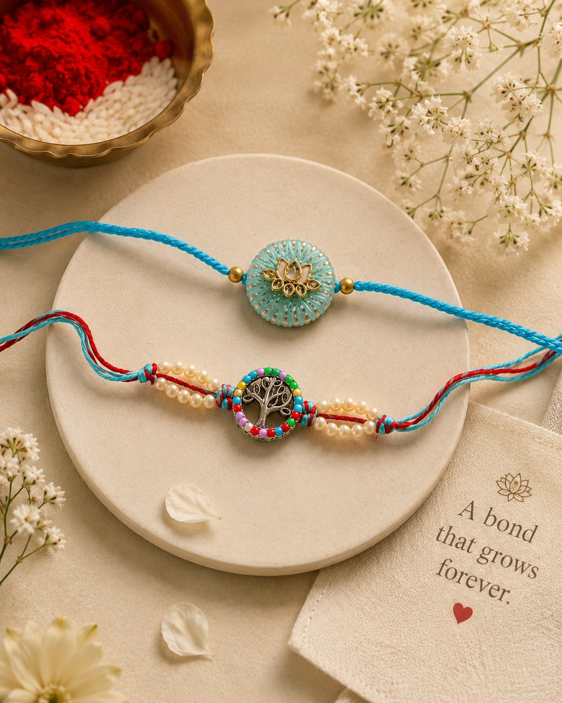 Lotus Grace & Tree of Life Rakhi Set