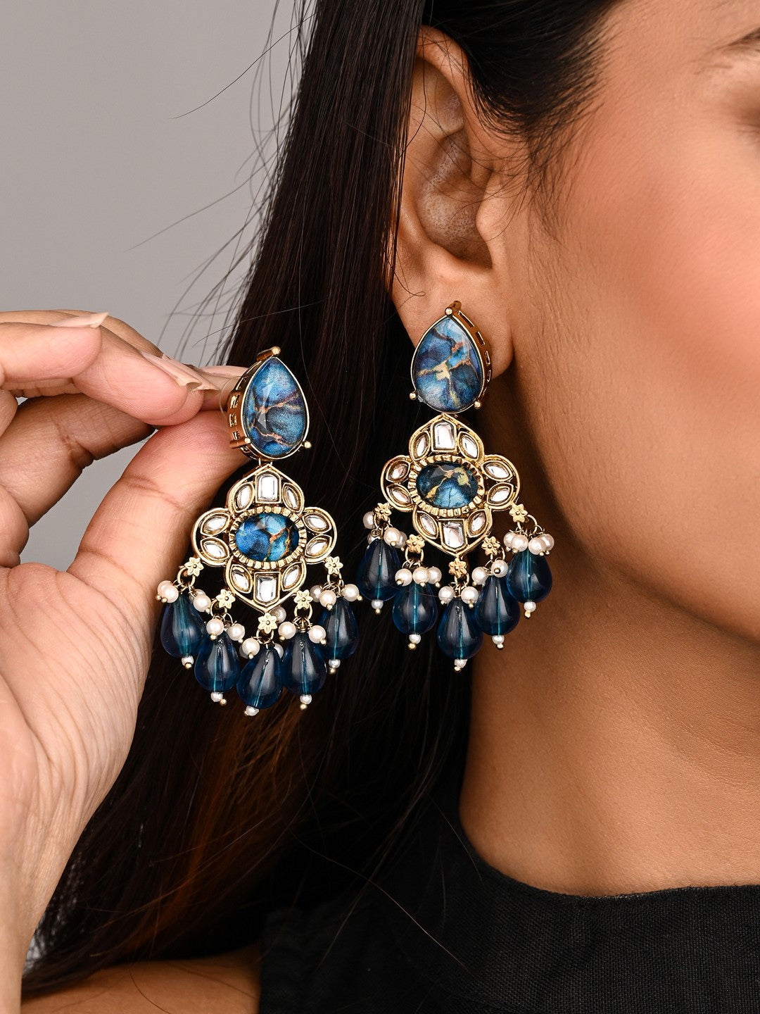 Gold-Plated Blue Kundan Chandelier Earrings with Bead Drops