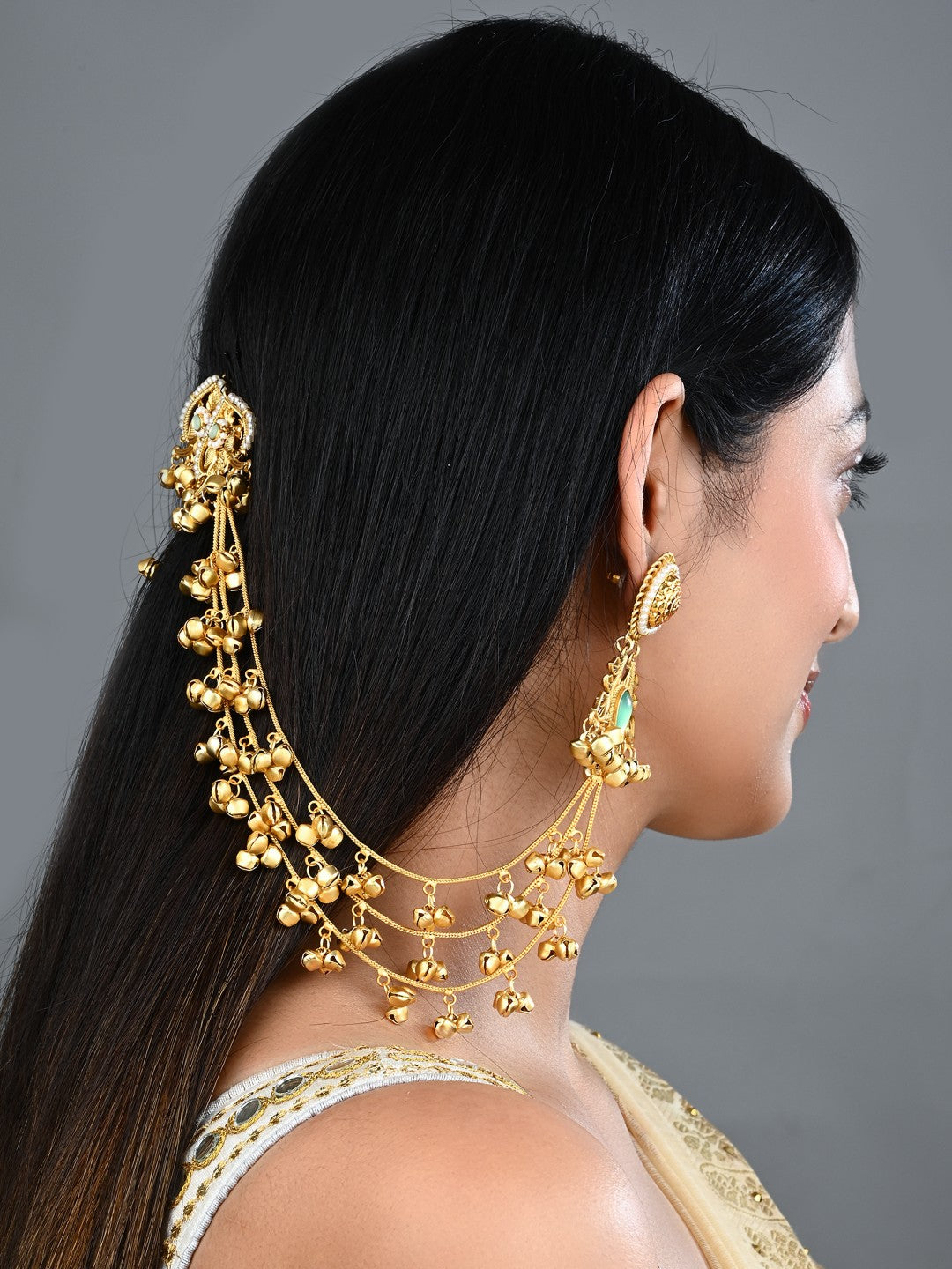 Gold plated Studs Earring with Ear chains Green