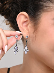 Silver Oxidised finish Drop earring with AD stone White