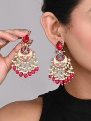 Gold-Plated Meenakari Stud Earrings with Kundan & Pearl Cluster drops - pink