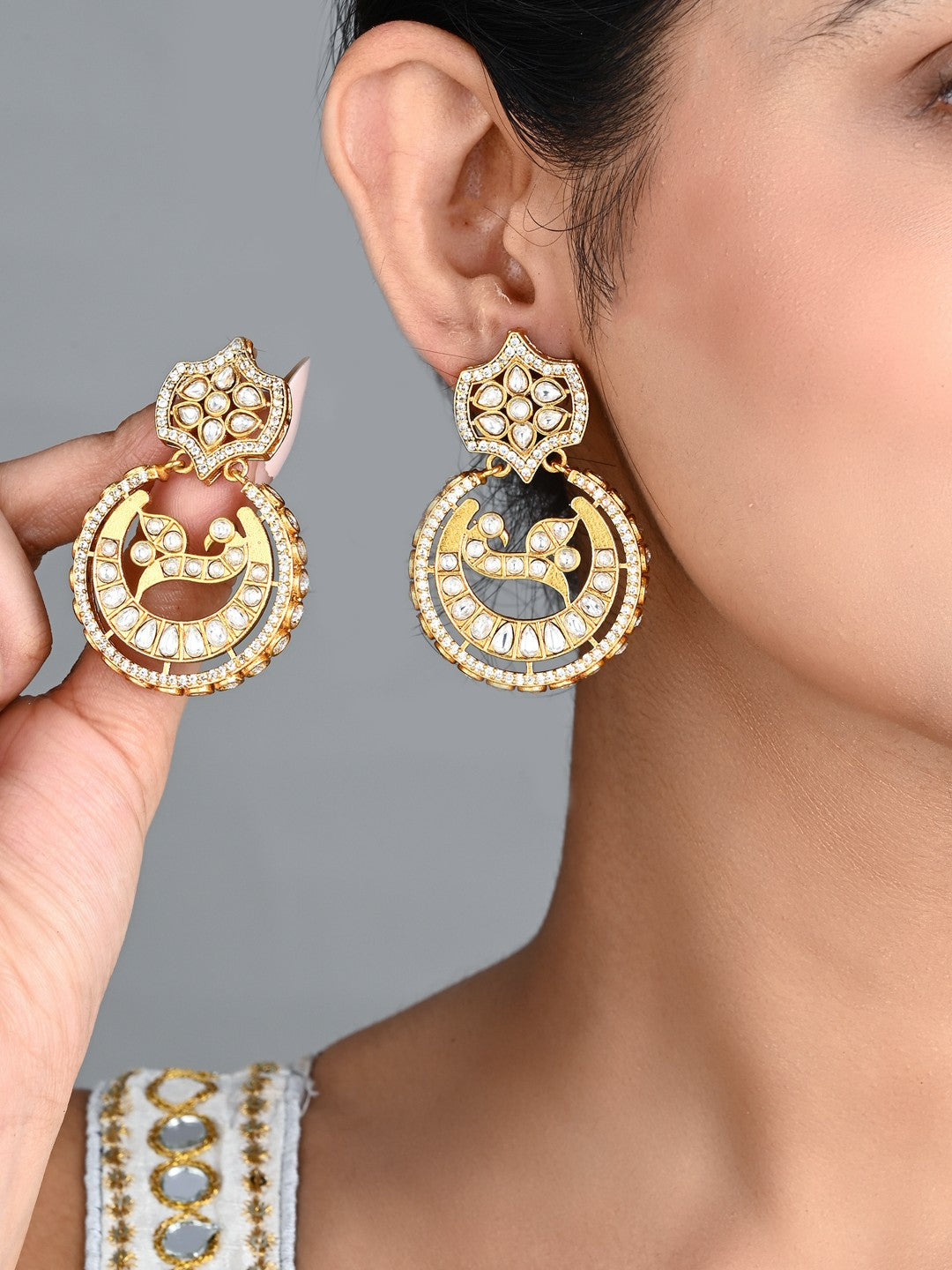 Gold-Tone Kundan Chandbali Statement Earrings
