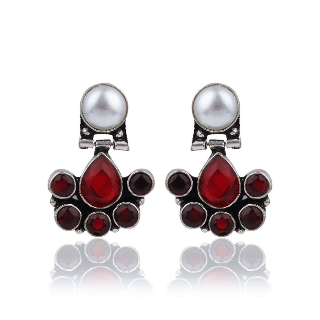 Floral Crystal Pendant Necklace Set with Matching Stud Earrings - Red
