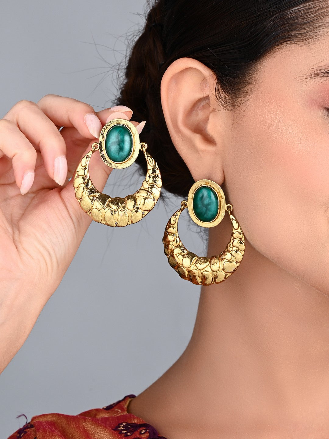 Kiara Teal Stone Textured Gold Hoop Earrings