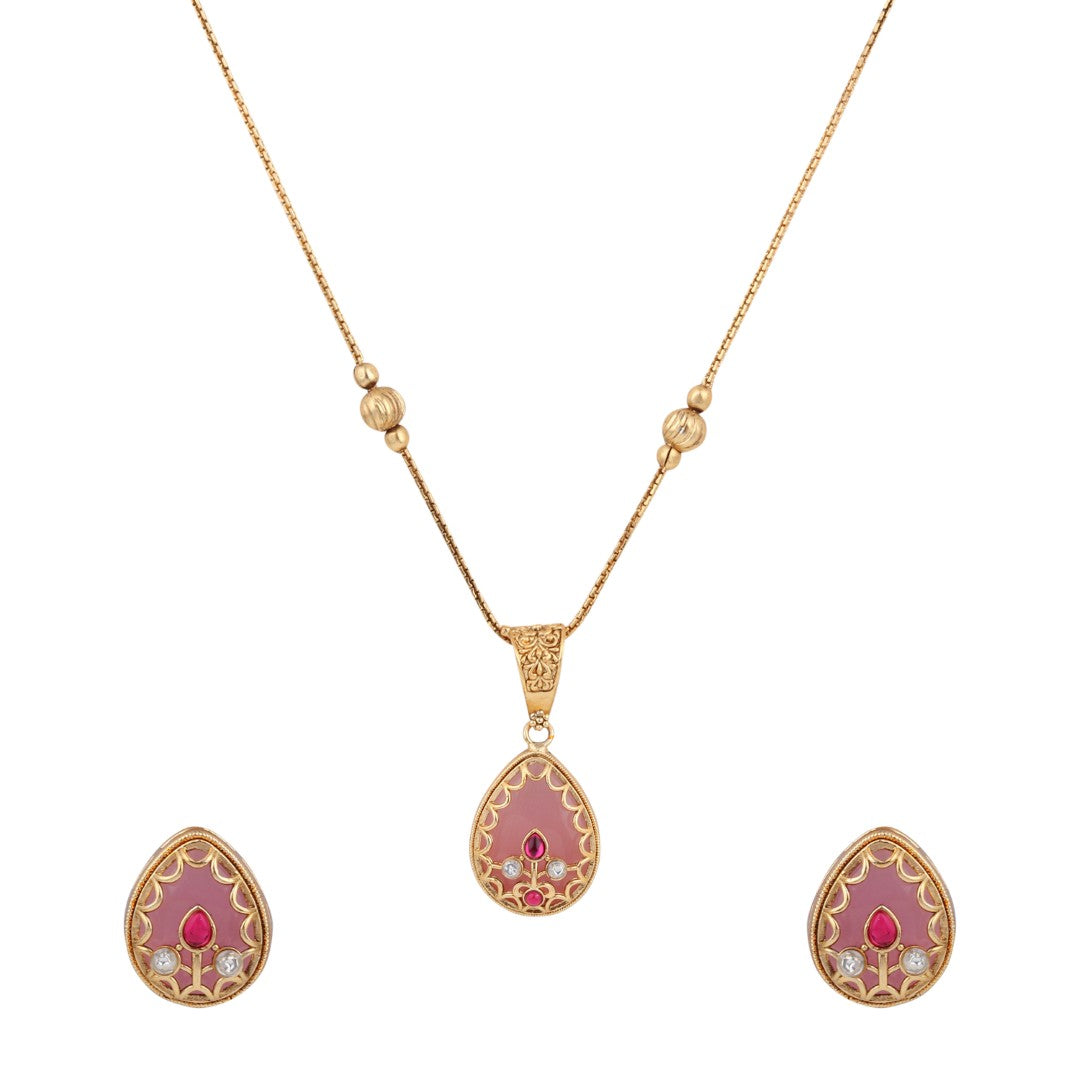 Tear drop Stone Kundan Pendant Necklace & Stud Earrings Set Pink
