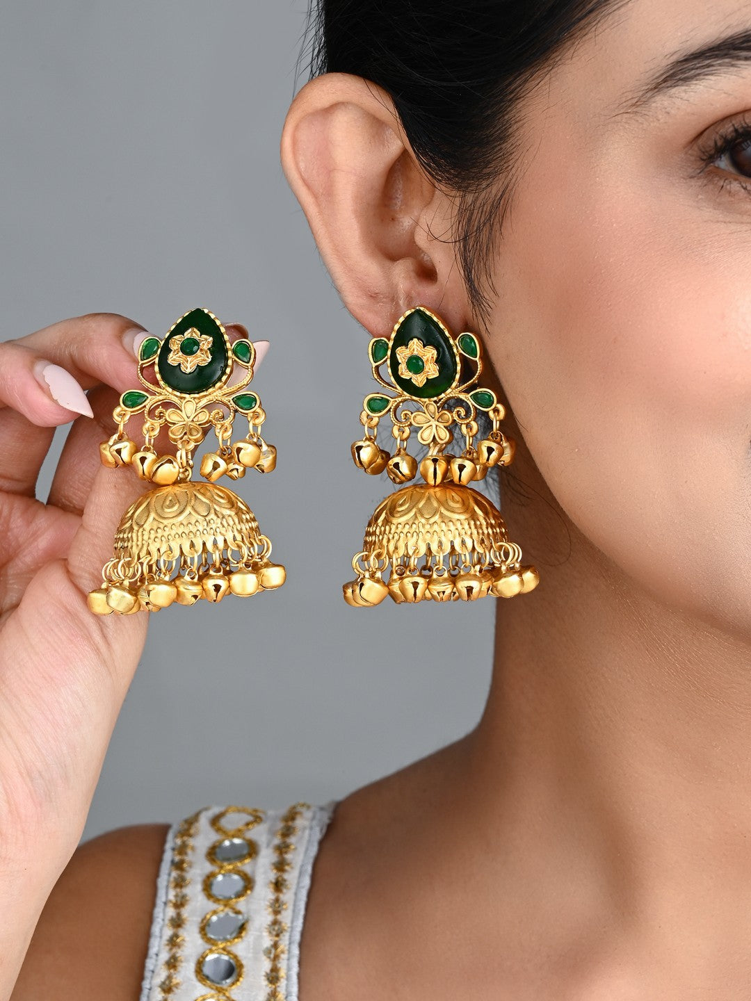 Emerald Temple Jhumka Earrings with Ghungroo Drops