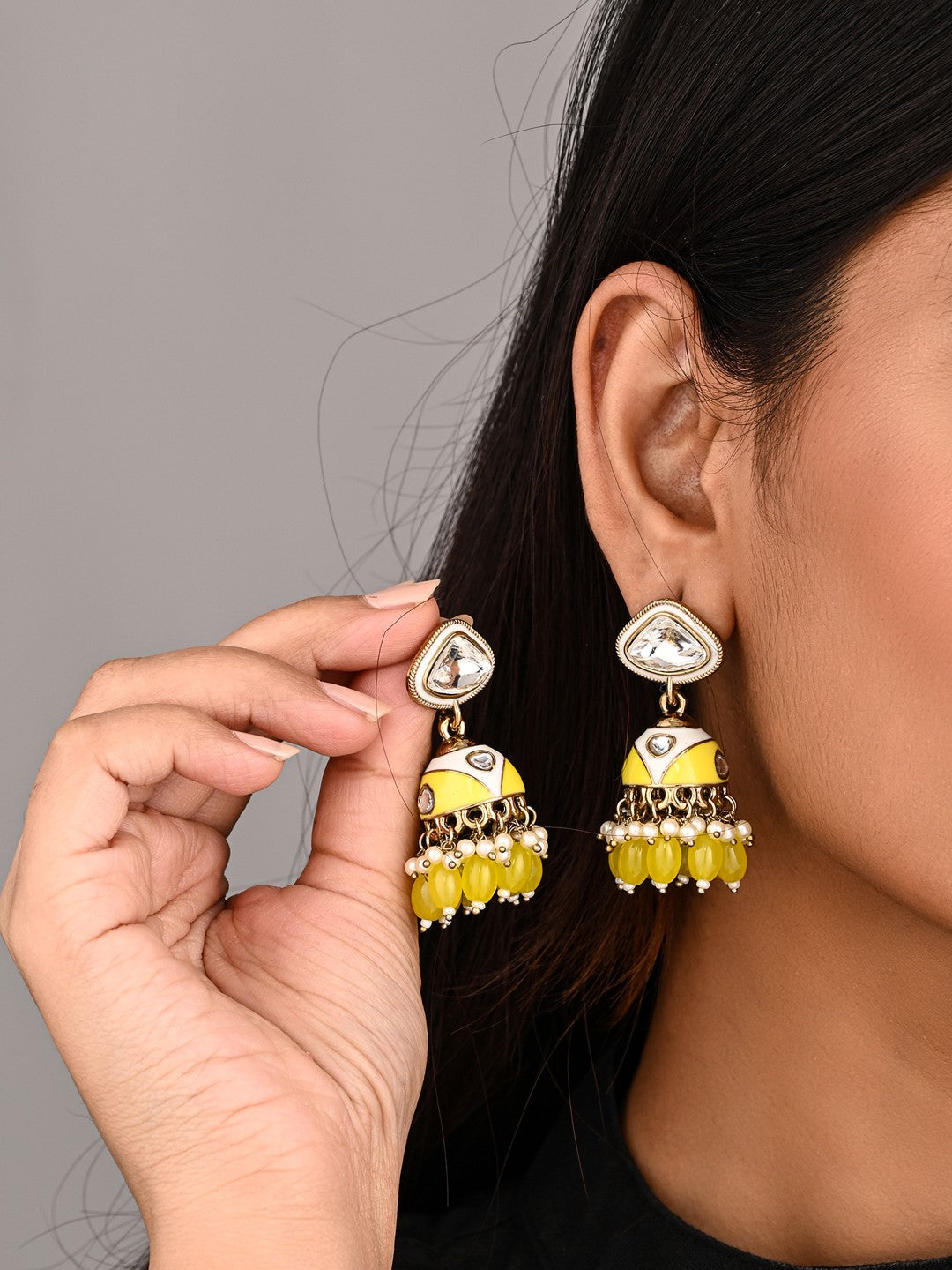 Enamelled Jhumka Earring - Yellow