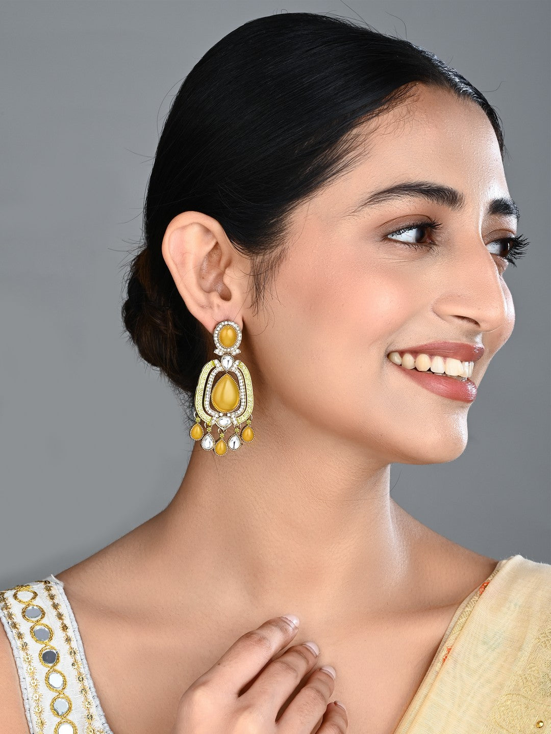 Elegant Crystal Teardrop Statement Earrings - Yellow