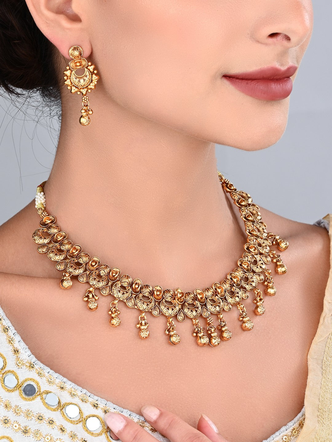 Royal Gold-Tone Pearl Drop Necklace & Earrings Set