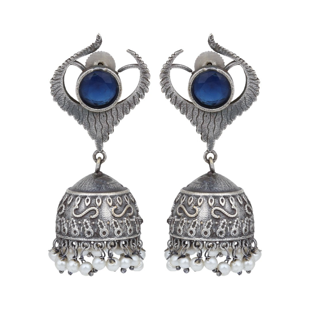 Blue Stone Oxidized Jhumka Earrings