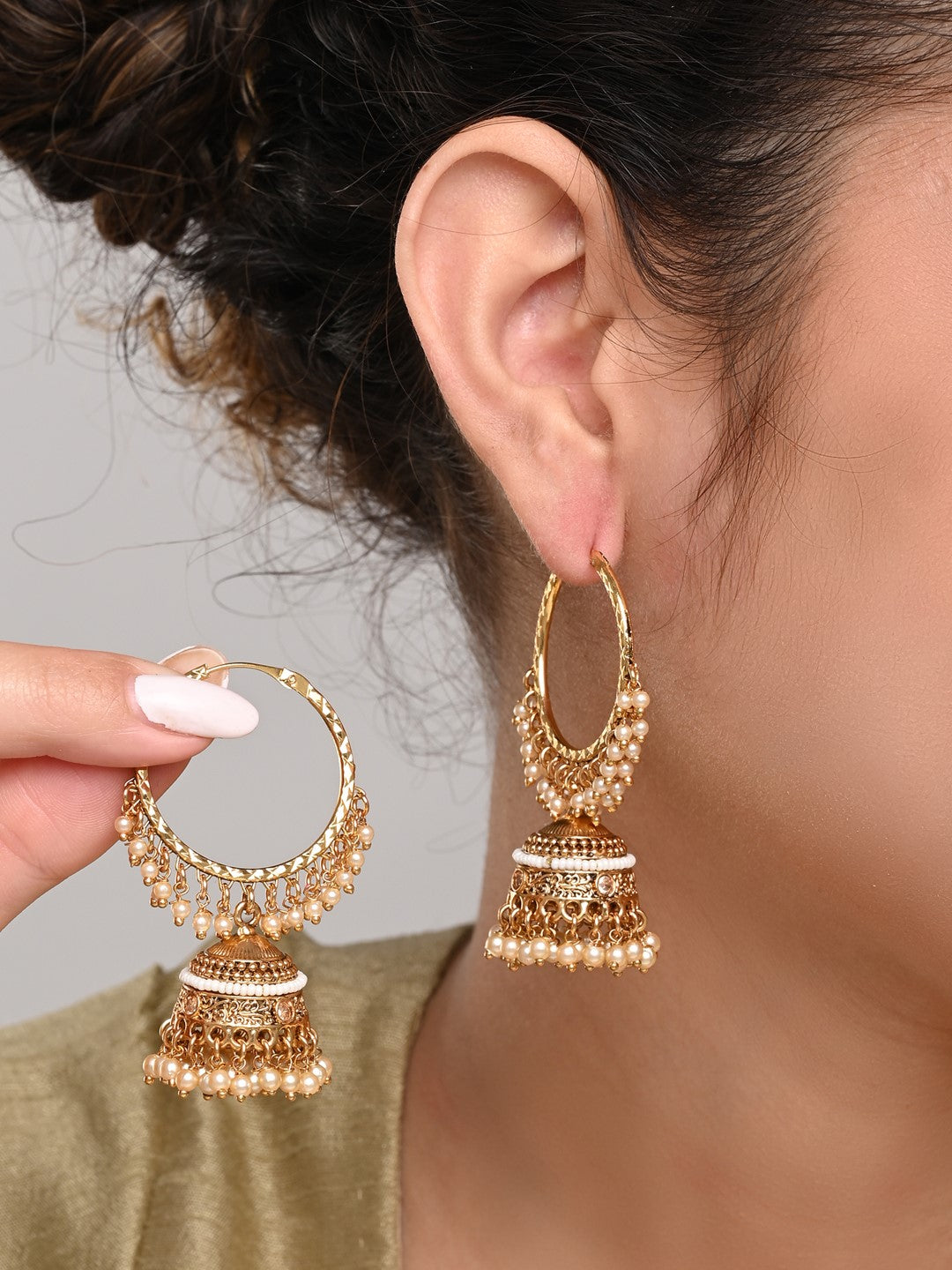 Ethnic hoops with Jhumka drop Gold