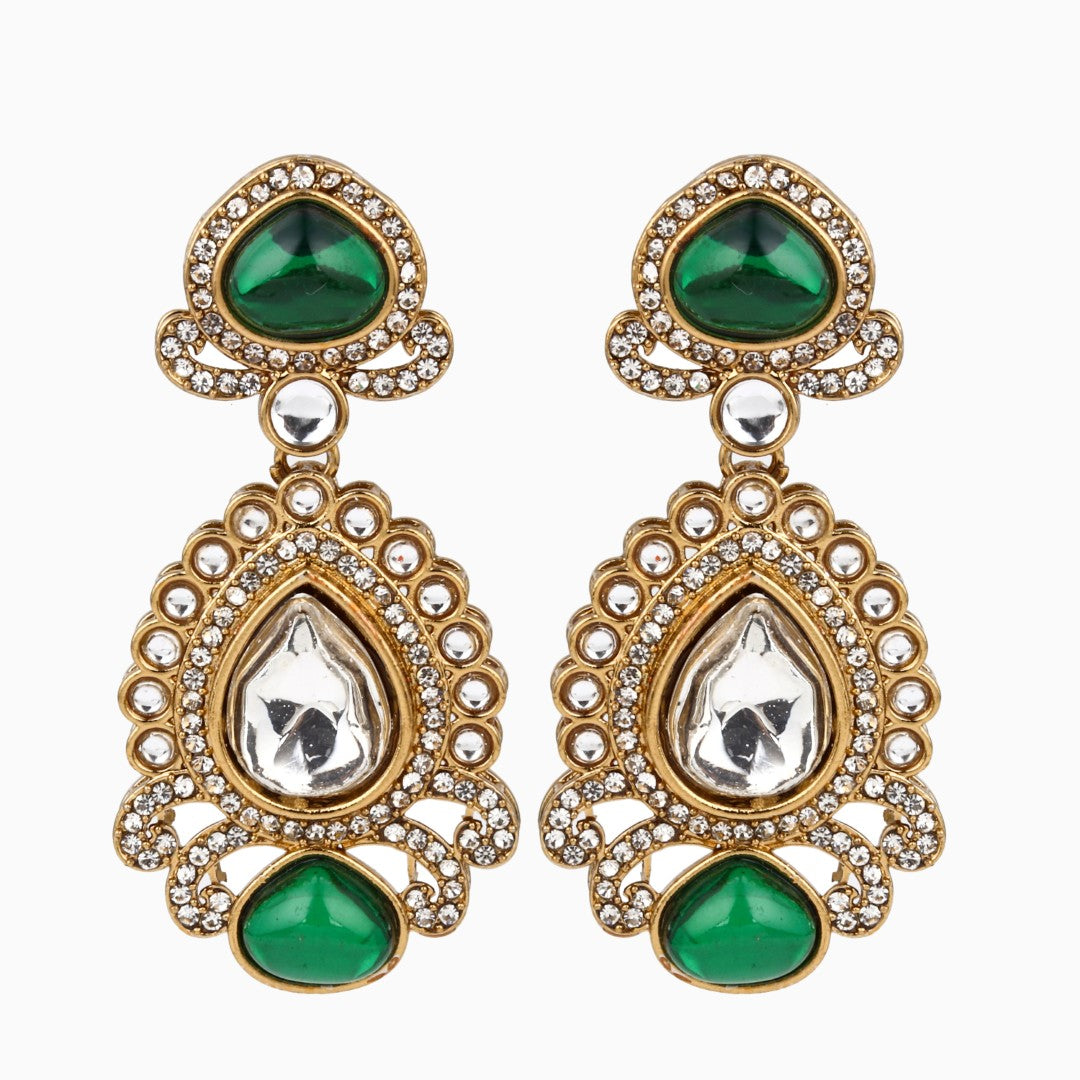 Gold plated kundan Pear shaped Drop Earrings Green