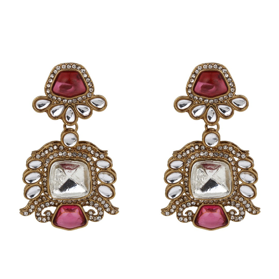 Gold plated kundan Drop Earrings red