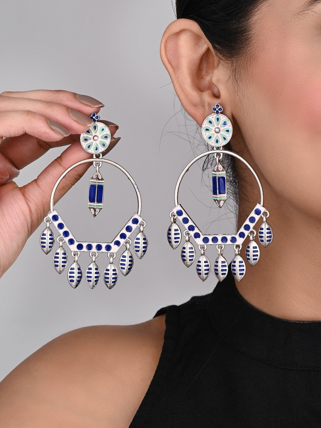 Silver plated White & Blue Meenakari Chandbali