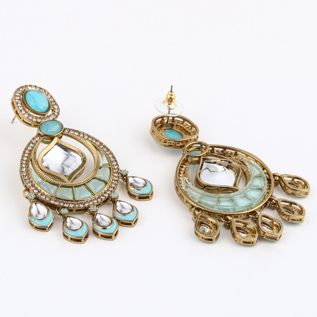 Kundan Chandbali Earrings with Teardrop Danglers- Blue