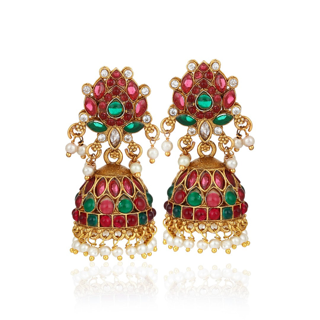 Gold Plated Red & green stone Jhumka Earring