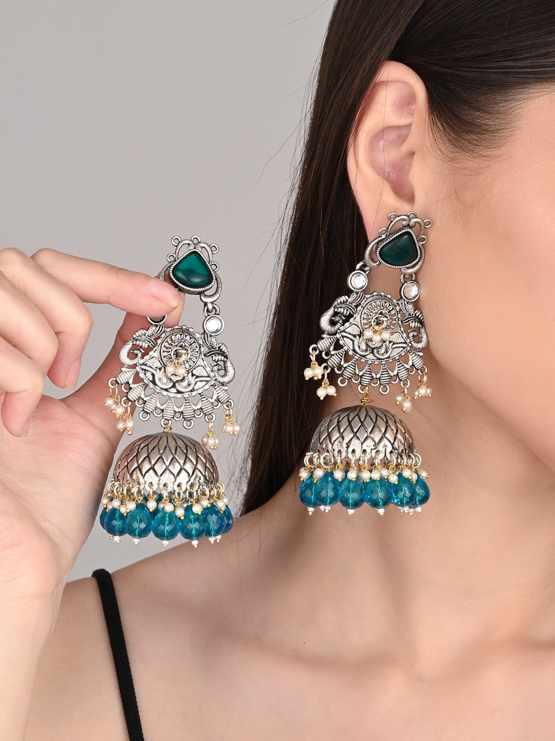 Silver oxydised lightweight long Jhumka Earring