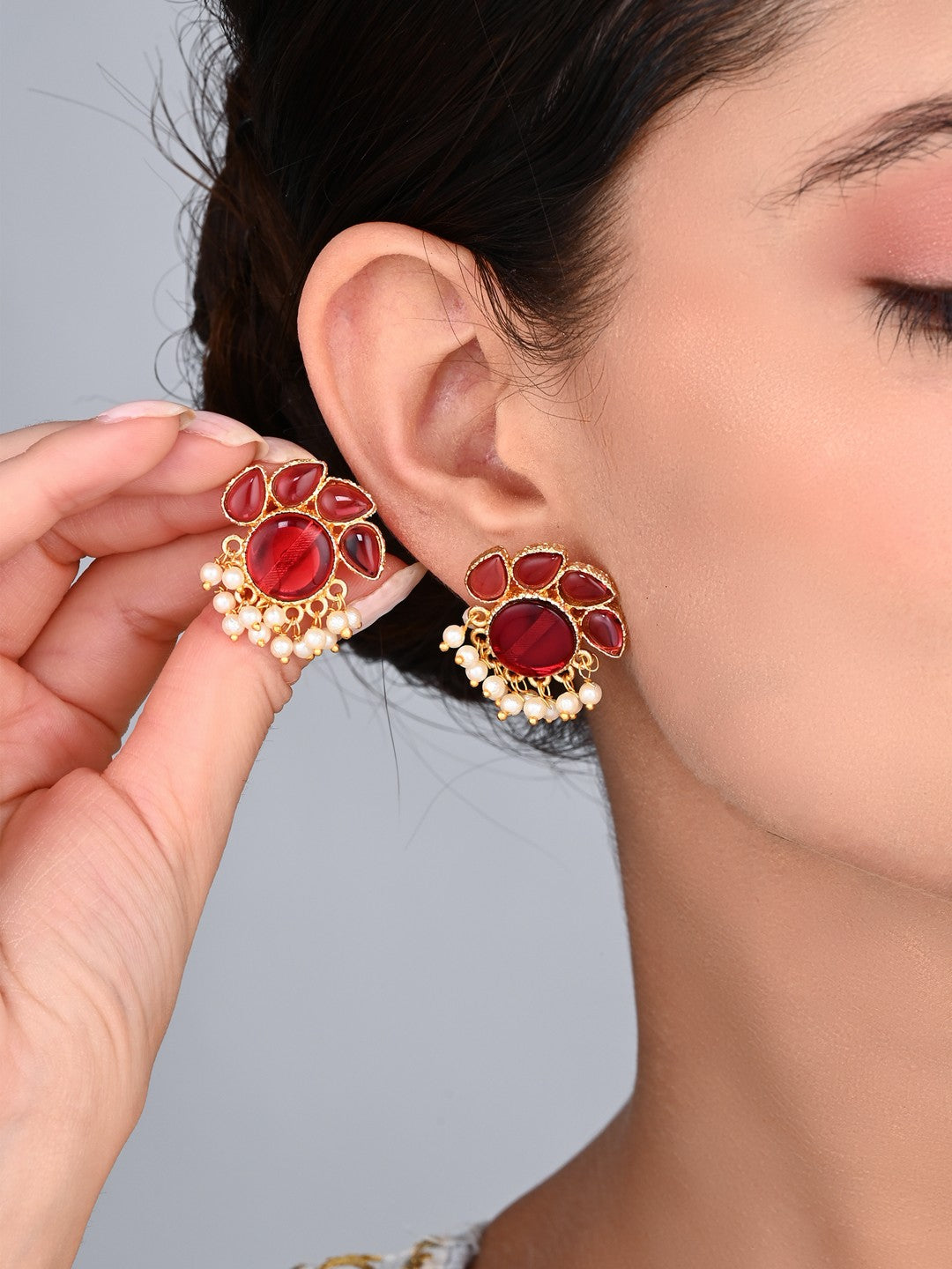 Stone Gold-Toned Earrings with Pearl Drops - Red