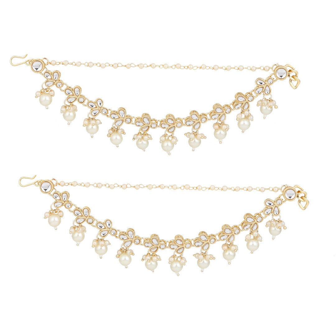Elegant Gold-Plated Kundan Pearl Delicate Ear Chains