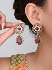Gold plated Flower Stud with tear drop earring - Wine