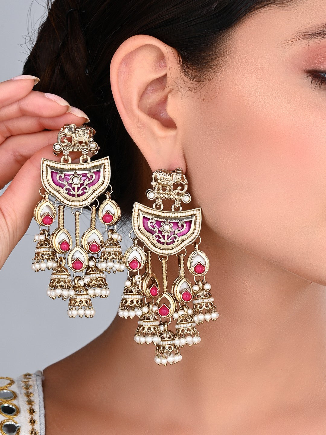 Gold-Toned MOP Chandelier Earrings with Jhumka Drops Pink