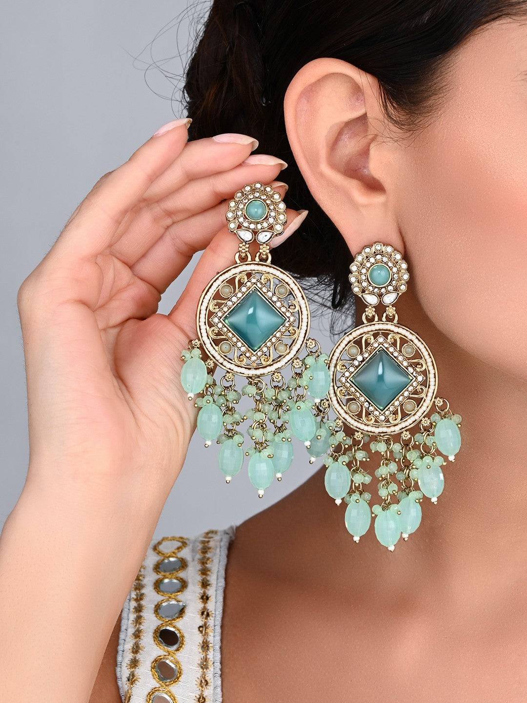 Gold-Toned Kundan Drop Earrings with Turquoise Stones and Bead Fringe