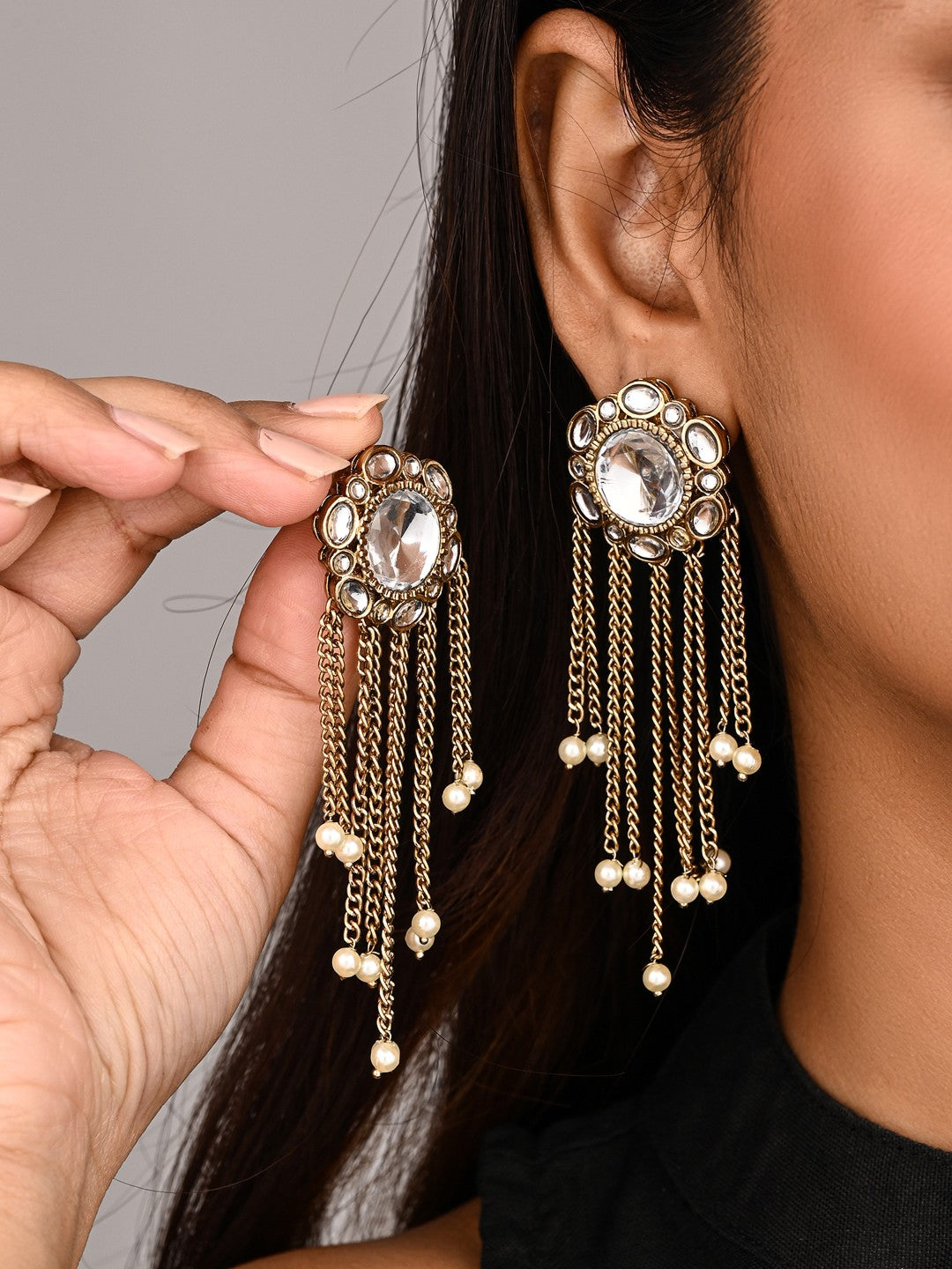 Kundan Tassel Drop Earrings - Gold