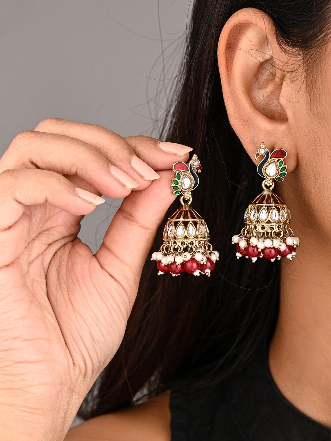 Peacock-inspired jhumka earrings- Red