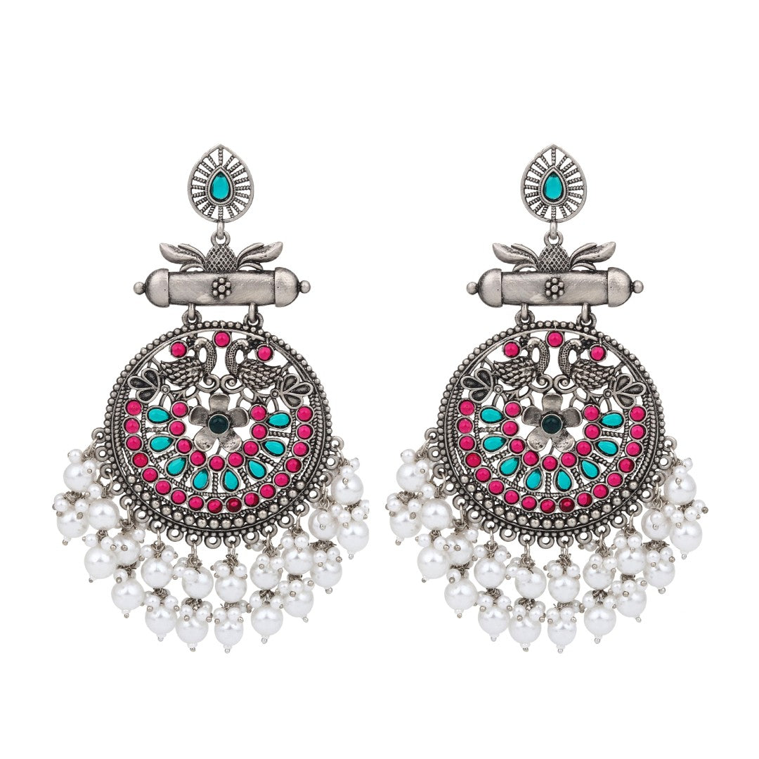 Oxidised Silver Meenakari Peacock Earrings Multi