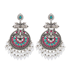 Oxidised Silver Meenakari Peacock Earrings Multi