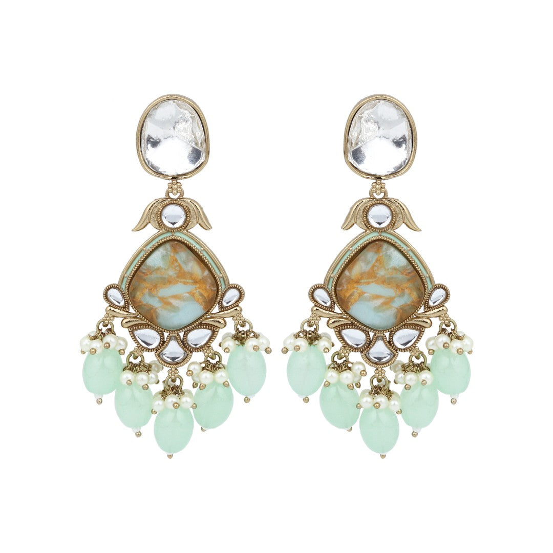 Gold plated two tone Pear shaped stone drop earring - Sage Green