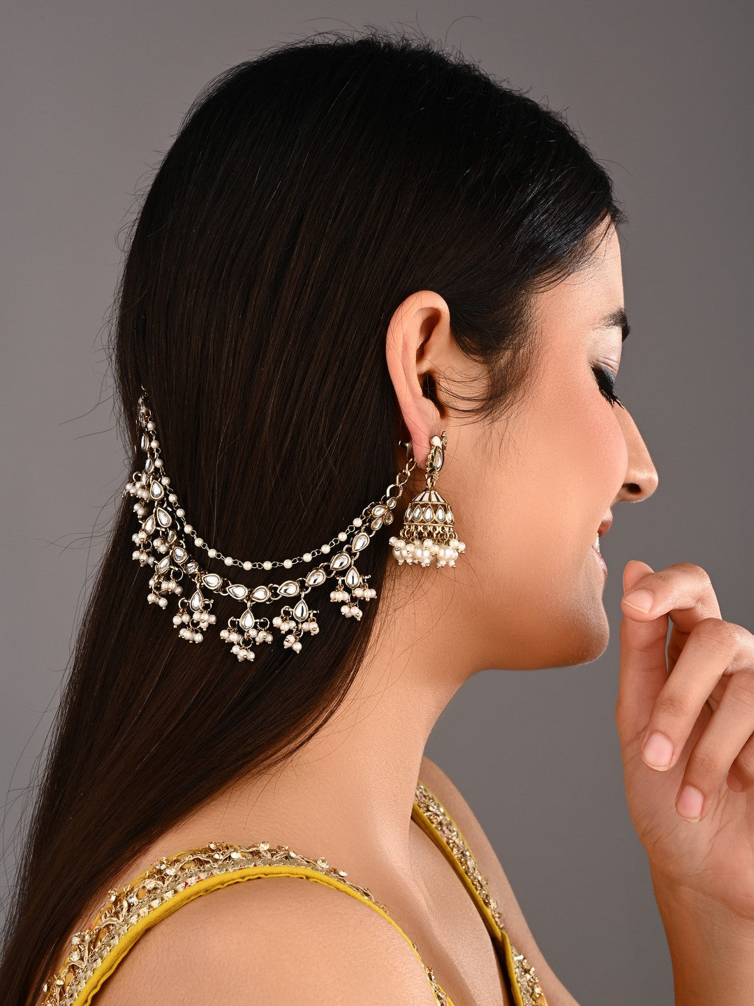 Kundan & Beads double layered ear chains