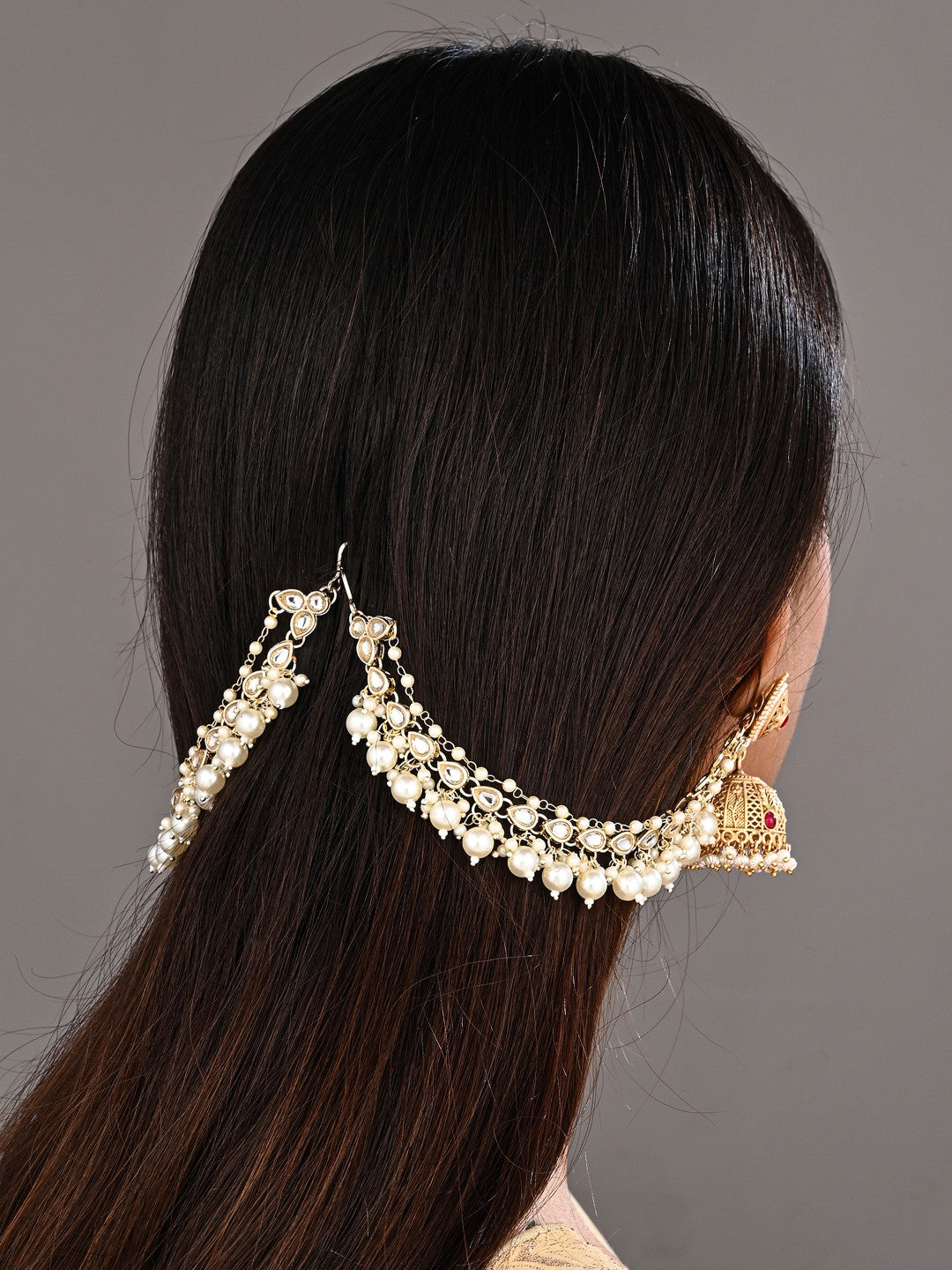 Elegant Gold-Plated Kundan & Pearl Ear Chains