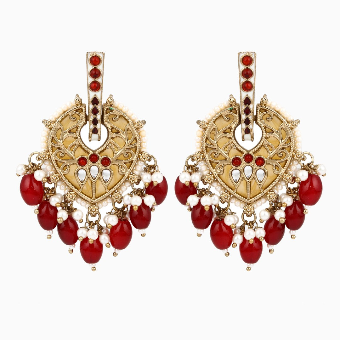 Pear-Shaped MOP Drop Earrings with Red Pearl Charm