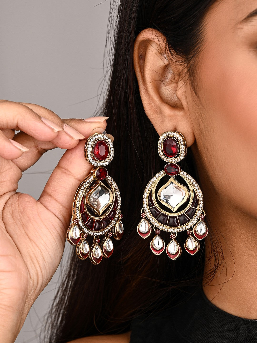 Kundan Chandbali Earrings with Teardrop Danglers- Red