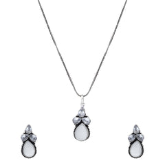 Silver Oxidised finish Pearl & Stone  pendant Set White