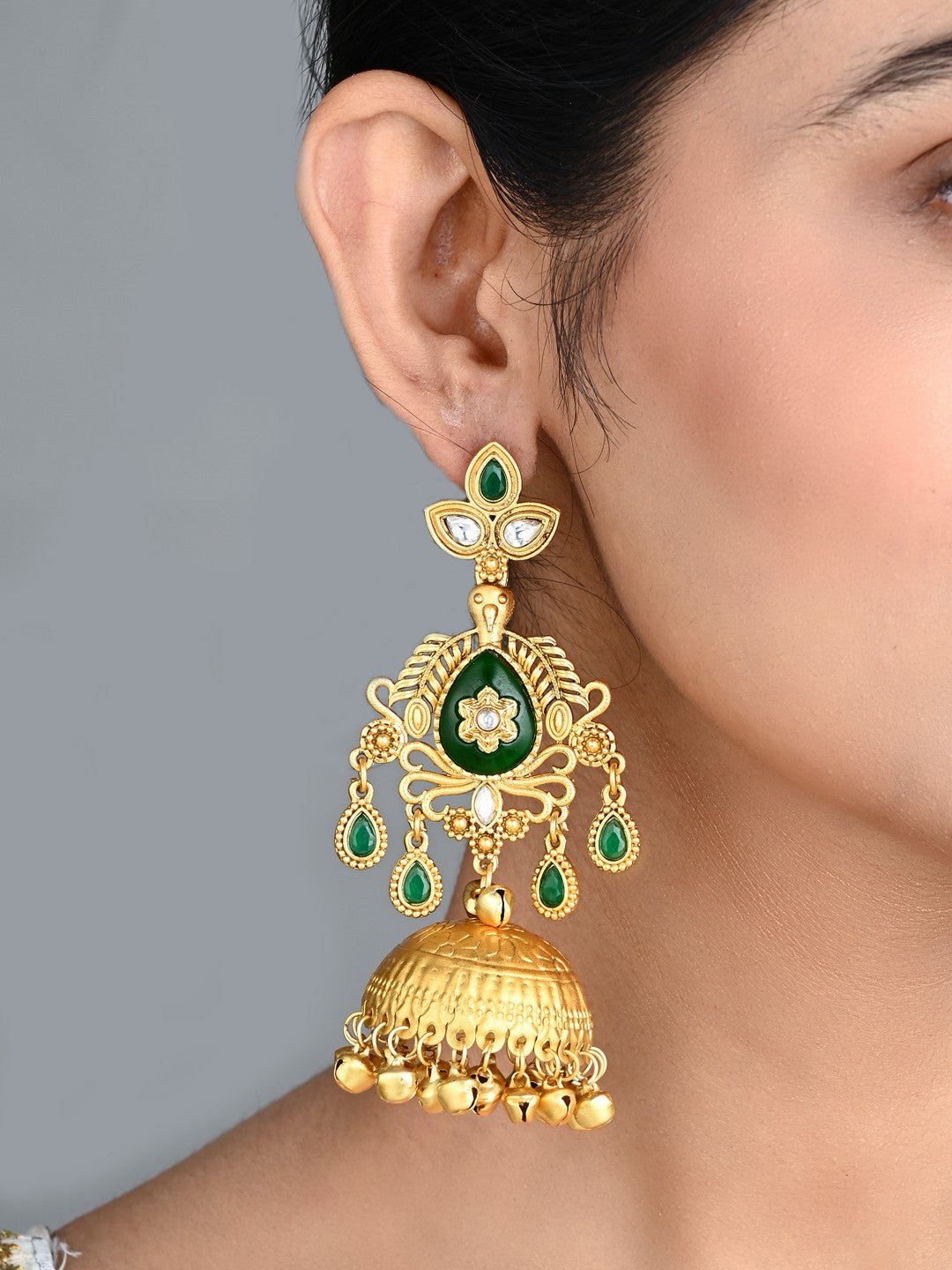 Emerald Green Temple Jhumka Earrings with Ghungroo Drops